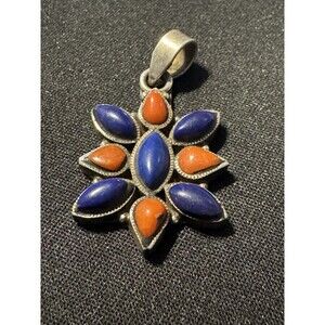 925 Lapis/Coral Pendant Signed On Bail